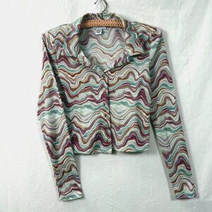 Just Polly Shirt Womens Sz S Psychedelic Marble Swirl LS Button Crop Top Retro